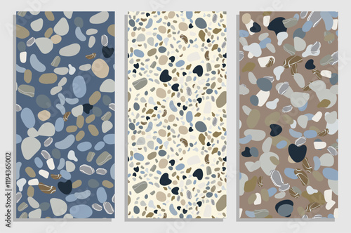 Set of vertical flyers with surface strewn with multi colored sea stones pebbles. Templates for invitation, banners, brochures print. Vector on white and red background