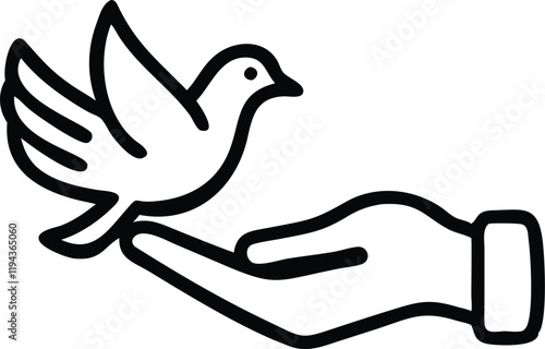 Minimalist illustration, white dove, outstretched wings, flying, open hand, palm up, peace symbol, black and white lineart, simple graphic design, icon style, symbolic imagery, release concept, freedo