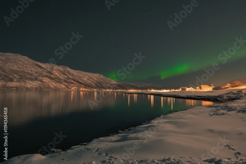 Aurora borealis over calm, snow-covered bay at night. photo