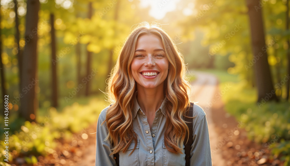 Smiling young woman walking in scenic autumn forest, joyful connection Smiling young woman walking in scenic autumn forest, joyful connection