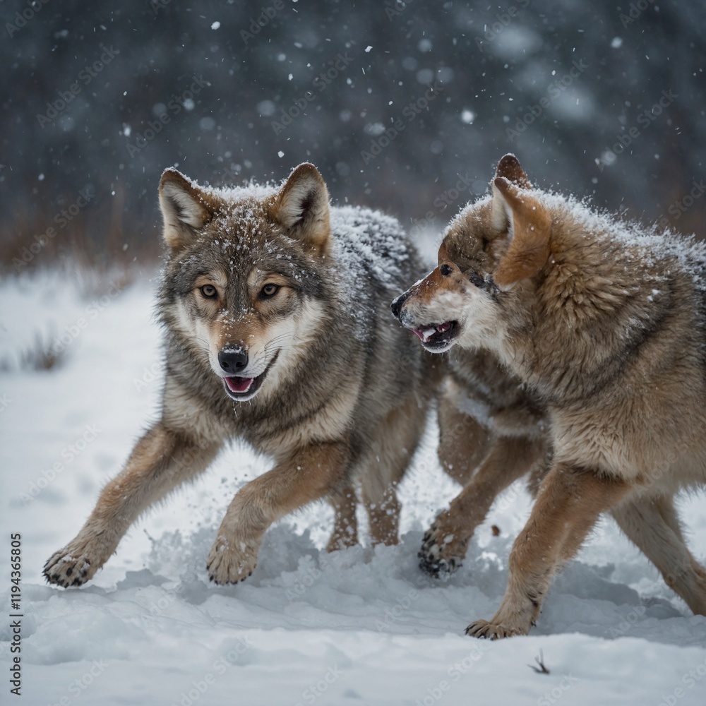 Fototapeta premium A young wolf cub playing in the snow, pouncing on its siblings in a snowy meadow.