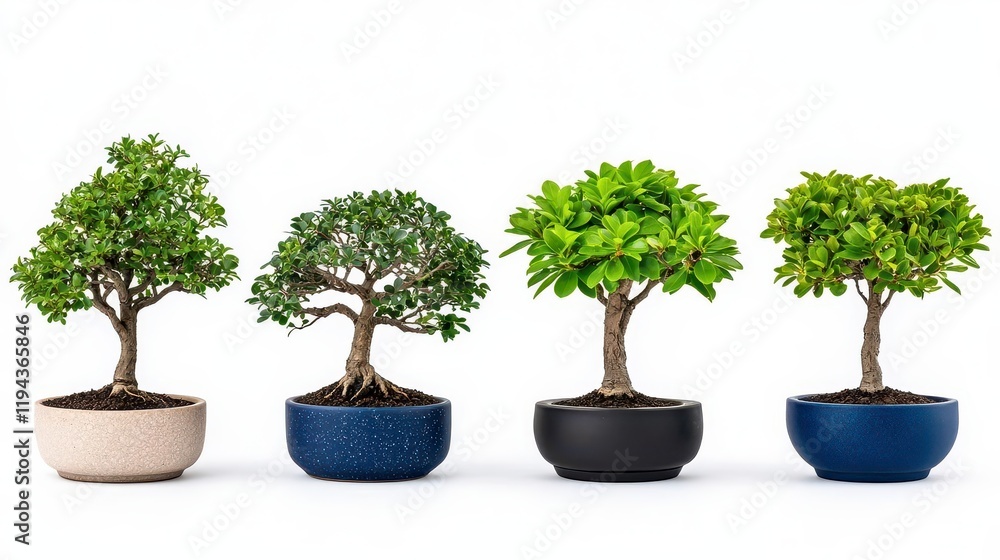 A photostock of small bonsai trees with carefully trimmed branches, isolated on a clean white background, elegant and artistic, High Quality A photostock of small bonsai trees with carefully trimmed branches, isolated on a clean white background, elegant and artistic, High Quality
