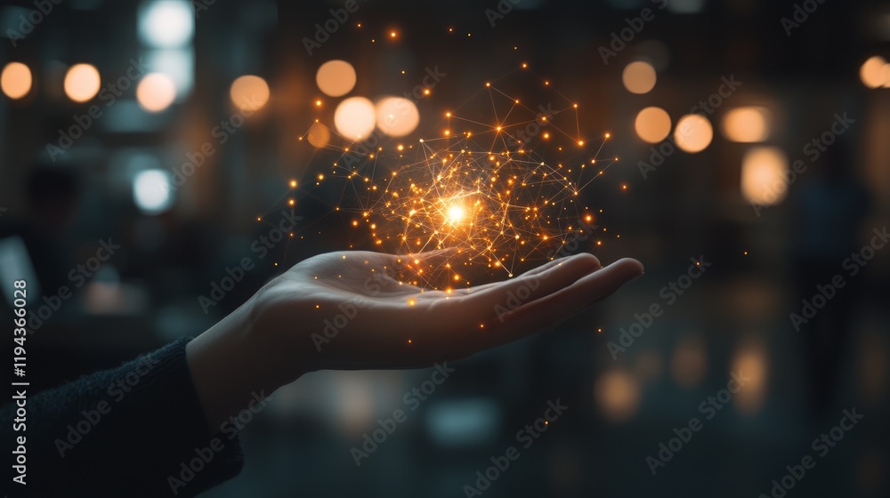 Hand holding glowing network sphere, city background, innovation concept, website banner Hand holding glowing network sphere, city background, innovation concept, website banner