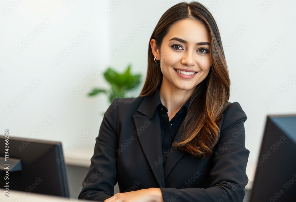 Female receptionist at a reception counter with professional outfit