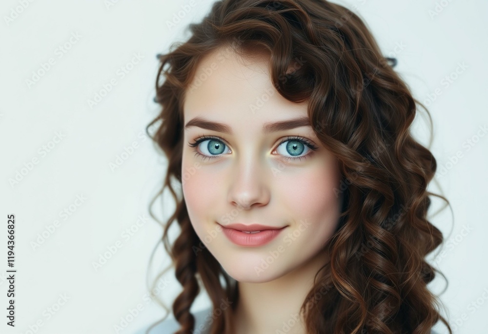 Naklejka premium Portrait of a 16-year-old female with curly brown hair and bright green eyes