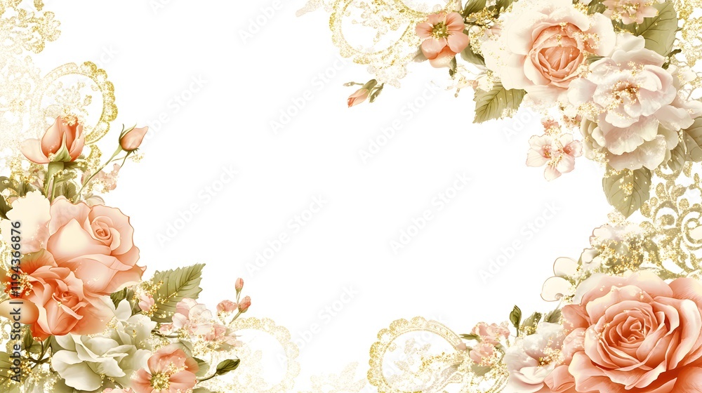 Romantic Floral Frame with Cascading Pink Roses,Golden Sparkles,and Delicate Lace Patterns Romantic Floral Frame with Cascading Pink Roses,Golden Sparkles,and Delicate Lace Patterns