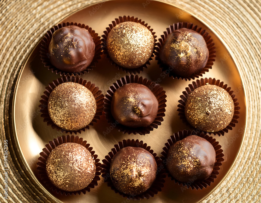 Overhead shot of luxury chocolate truffles with gold accents. Overhead shot of luxury chocolate truffles with gold accents.