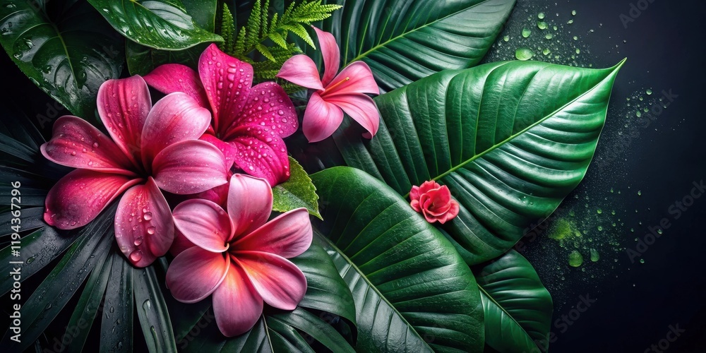 Naklejka premium Lush Tropical Flowers and Vibrant Green Foliage with Dew Drops