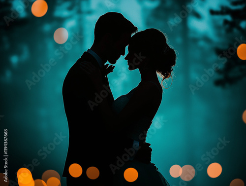 A bride and groom silhouette in a tender embrace, surrounded by the ethereal glow of bokeh lights in a tranquil forest.