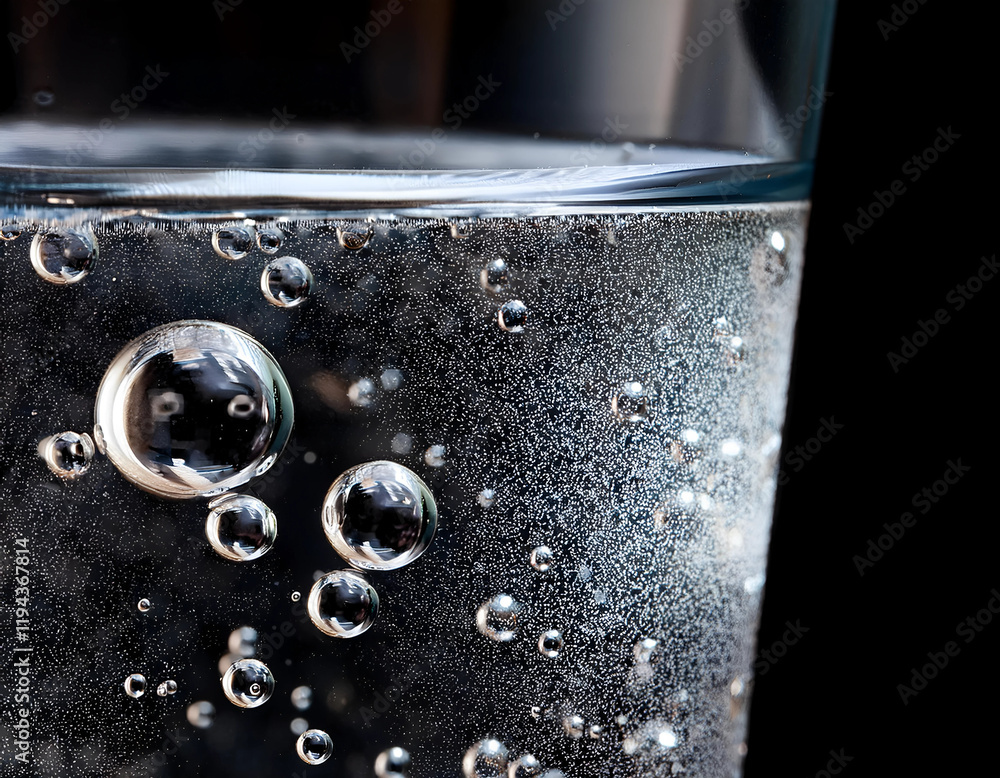 Macro shot of bubbles in sparkling water against a black background Macro shot of bubbles in sparkling water against a black background