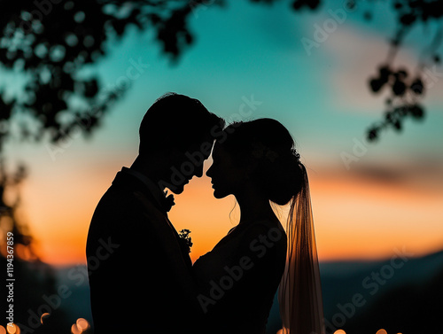 A bride and groom silhouetted against a glowing sunset, celebrating love and serenity in a picturesque outdoor setting.  