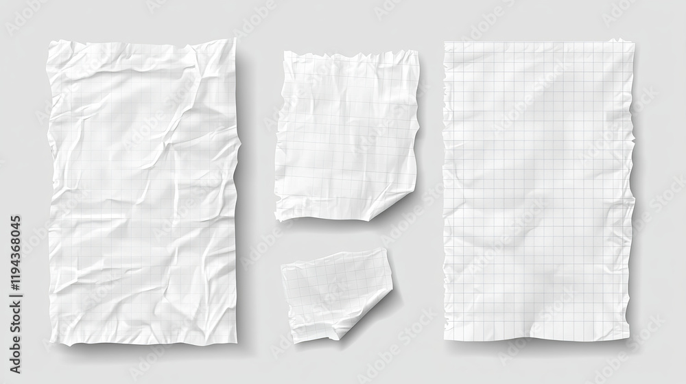 Torn notebook paper with wrinkles. Crumpled white sheet with checkered pattern. Realistic 3d vector illustration set of wrinkled blank scrapbook and collage design material. Memo note mockup. Torn notebook paper with wrinkles. Crumpled white sheet with checkered pattern. Realistic 3d vector illustration set of wrinkled blank scrapbook and collage design material. Memo note mockup.