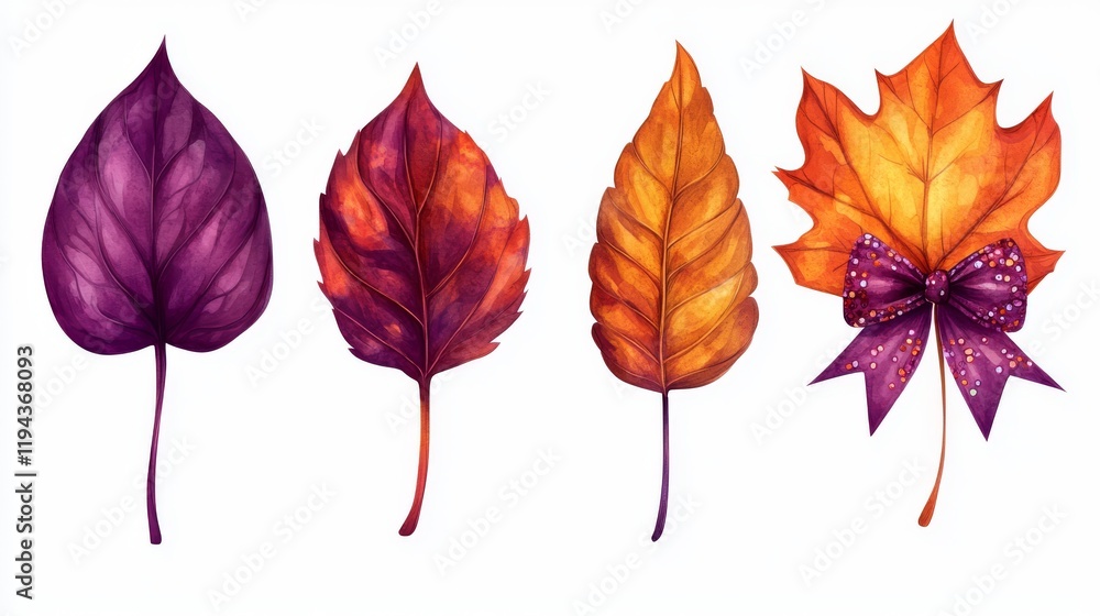 Collection of vibrant autumn leaves in shades of purple, orange, maroon, and brown, with one adorned by a decorative purple bow with sequins on a white background Collection of vibrant autumn leaves in shades of purple, orange, maroon, and brown, with one adorned by a decorative purple bow with sequins on a white background