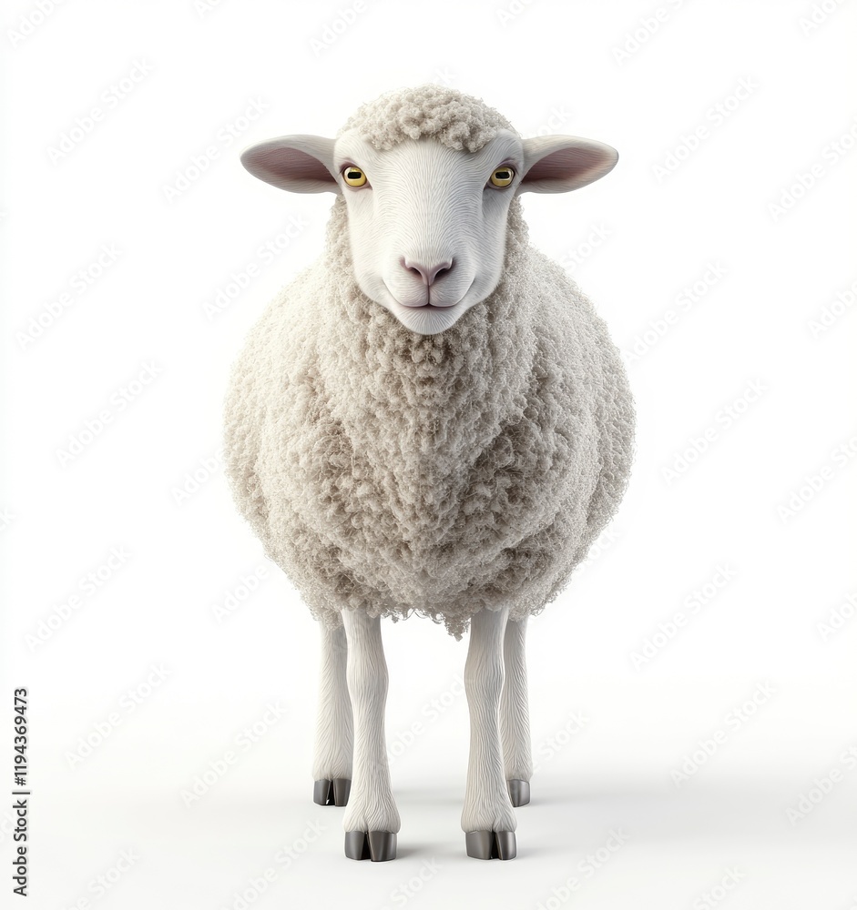 Fototapeta premium 3D render of a sheep on a white background, highly detailed and realistic, cute and fluffy, looking at the camera,