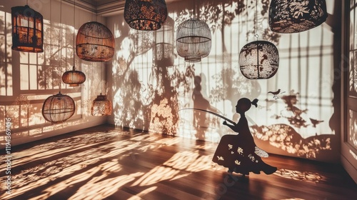 A traditional Chinese child is sitting on an elephant, Chinese shadow puppetry style, traditional Chinese shadow play, intricate silhouette, delicate paper cut designs, historical Asian folk art, 