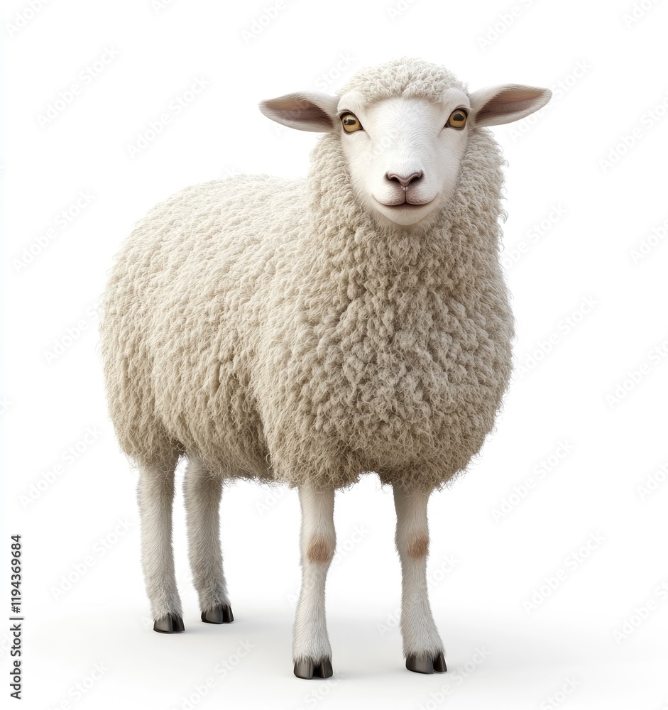 3D render of a sheep on a white background, highly detailed and realistic, cute and fluffy, looking at the camera, 3D render of a sheep on a white background, highly detailed and realistic, cute and fluffy, looking at the camera,