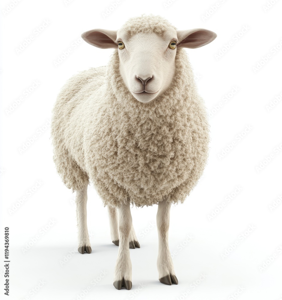 Fototapeta premium 3D render of a sheep on a white background, highly detailed and realistic, cute and fluffy, looking at the camera,