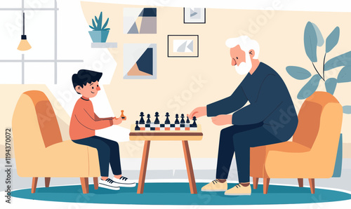 Grandfather and Grandson Playing Chess in Cozy Living Room - Family Bonding Vector Illustration