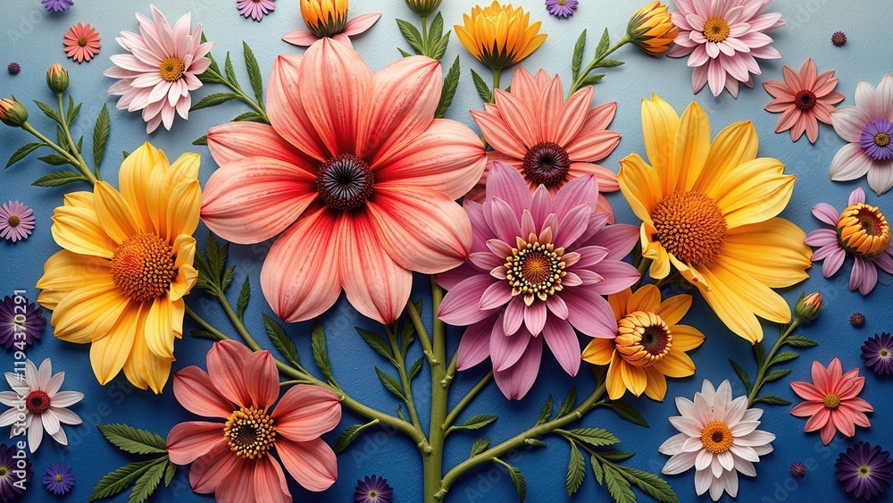 Fototapeta premium A vibrant cluster of paper quilled flowers adorns a blue wall, artfully branching out with a central pink daisy, creating an enchanting indoor floral display
