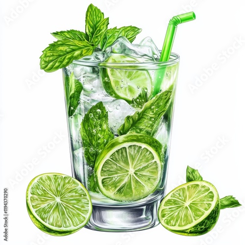 Wallpaper Mural A classic mojito with fresh mint leaves and lime slices, presented against an isolated white background, hyper-realism art style Torontodigital.ca