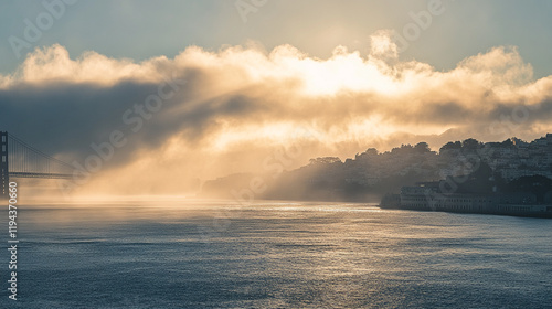 Sunrise over the river with mist and clouds near a coastal city in the early morning