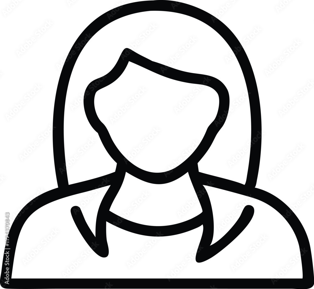 Simple line drawing, female avatar icon, minimalist design, shoulder-length hair, faceless portrait, black and white illustration, clean lines, circular head shape, corporate profile picture style, us Simple line drawing, female avatar icon, minimalist design, shoulder-length hair, faceless portrait, black and white illustration, clean lines, circular head shape, corporate profile picture style, us
