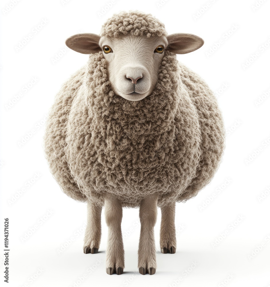 Fototapeta premium 3D render of a sheep on a white background, highly detailed and realistic, cute and fluffy, looking at the camera,