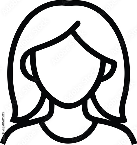 Simple line drawing, female avatar icon, minimalist design, shoulder-length hair, faceless portrait, black and white illustration, clean lines, circular head shape, corporate profile picture style, us photo