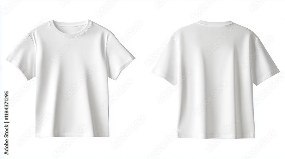 Front and back of a white T-shirt, mockup template Full depth of field, isolated on white background Front and back of a white T-shirt, mockup template Full depth of field, isolated on white background
