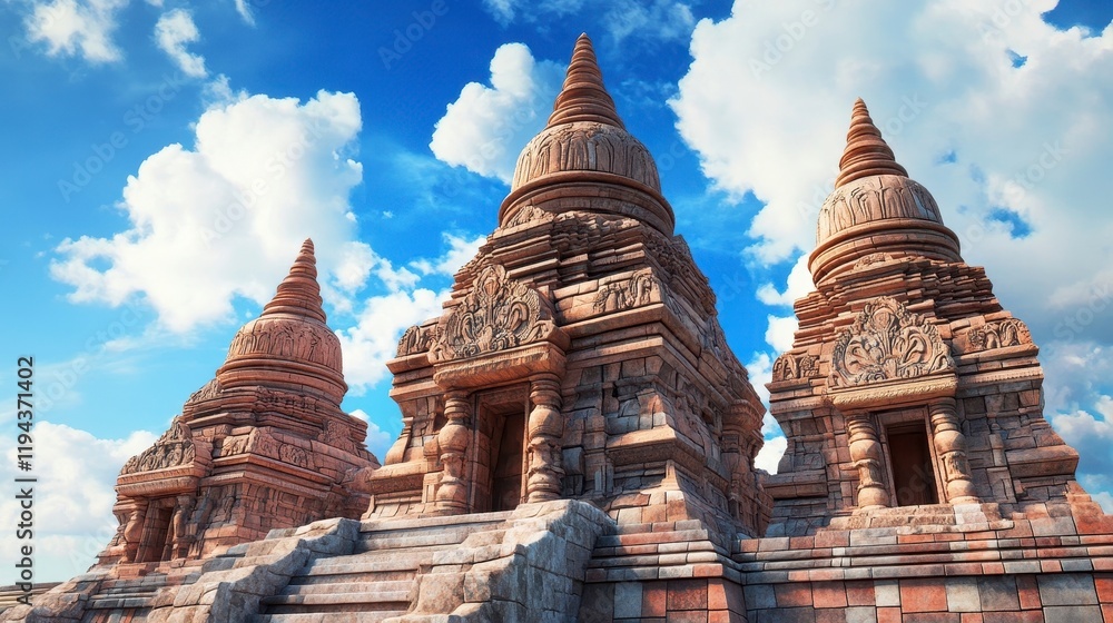 Fototapeta premium Majestic Ancient Temples Under Bright Blue Sky with White Clouds