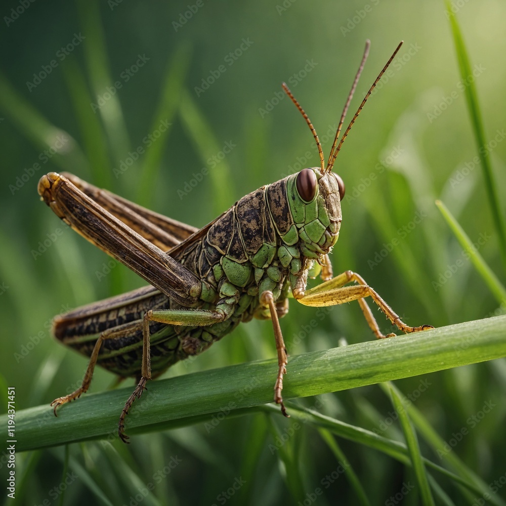 Focus on a grasshopper perched on a blade of grass. Focus on a grasshopper perched on a blade of grass.