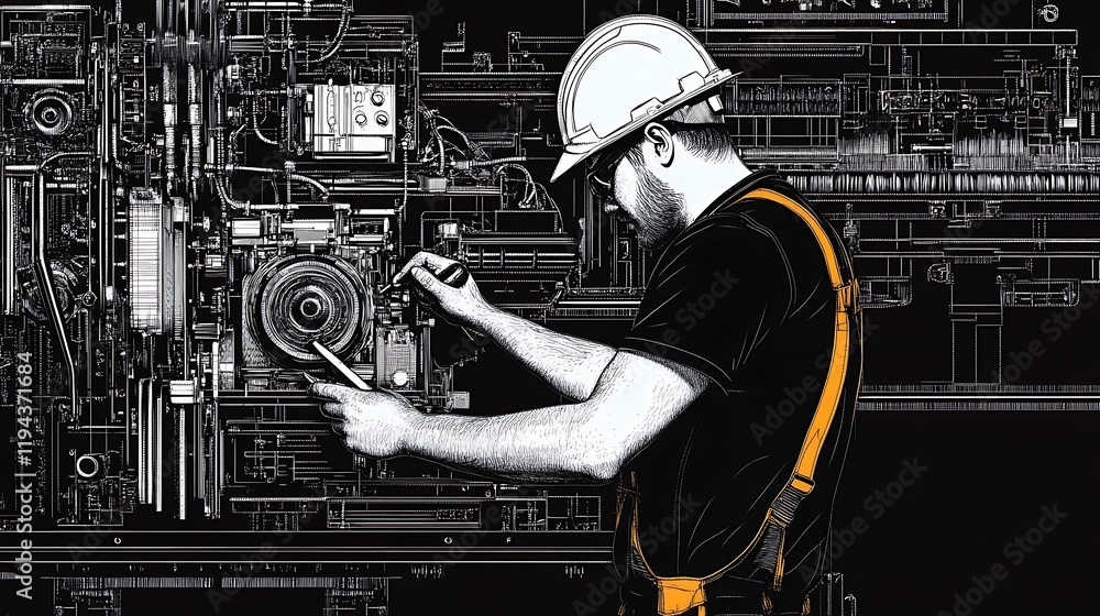 Fototapeta premium Mechanic Working on a Large Machine Using Tools in an Industrial Setting with Focus on Precision and Technique