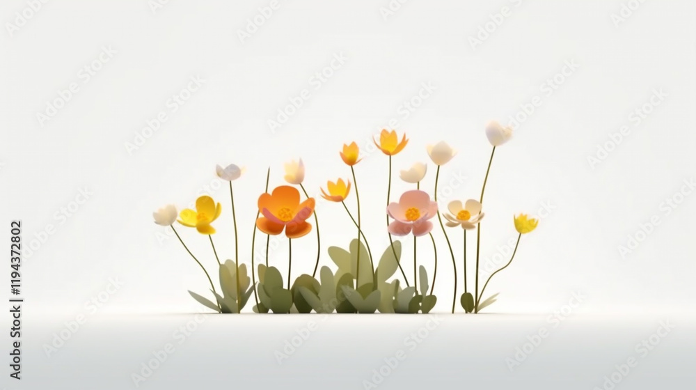 Fototapeta premium colorful wildflowers blooming against a white background cheerful and vibrant illustration of a row of stylized flowers or tulips isolated on white background. a variety of colorful flowers in full 