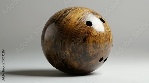 A round, weighted ball specifically designed for bowling, characterized by finger holes for gripping and propelling it down a lane towards pins.  photo