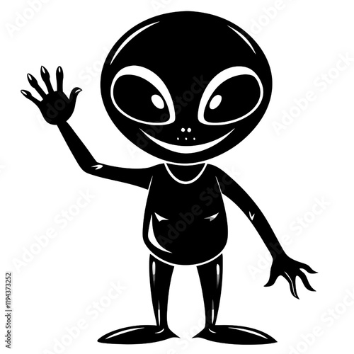 Alien Greetings: A friendly alien with large eyes, a toothy smile, and a raised hand in a gesture of greeting. The black and white silhouette creates a minimalist aesthetic and a sense of intrigue.