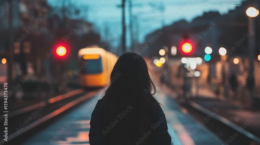 Obraz premium Silhouette of a woman standing on a train platform. Train station in evening, lights, transportation