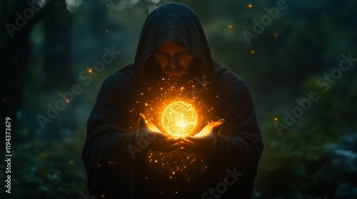 Hooded figure holding a glowing orb in the forest. Concept of magic, power, and mystery. photo