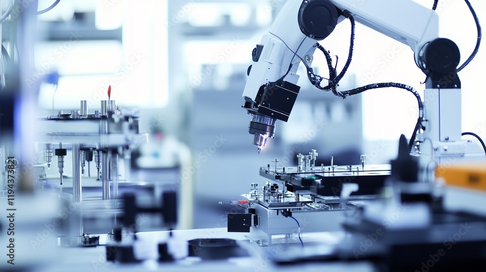 A robot conducting precision measurements in a high-tech materials testing lab with clean surfaces and advanced testing instruments, Materials testing tech style, photo of A robot conducting precision measurements in a high-tech materials testing lab with clean surfaces and advanced testing instruments, Materials testing tech style, photo of