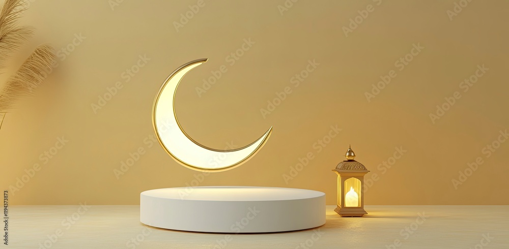 3D rendering of a white podium with a golden crescent moon and lantern for product presentation on a beige background, 3D rendering of a white podium with a golden crescent moon and lantern for product presentation on a beige background,