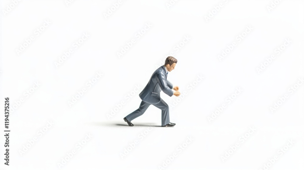 Miniature businessman walking, white background, studio shot, business concept Miniature businessman walking, white background, studio shot, business concept