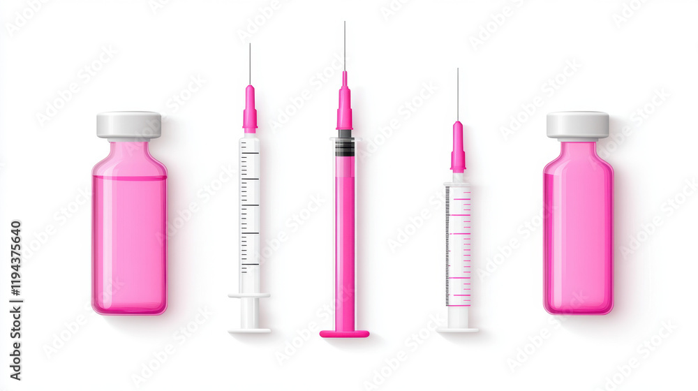 A set of medical syringes and vials containing pink liquid, showcasing various sizes and types commonly used for injections and vaccinations. A set of medical syringes and vials containing pink liquid, showcasing various sizes and types commonly used for injections and vaccinations.