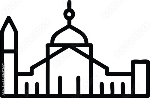 Minimalist mosque icon, black and white illustration, simple geometric shapes, domed roof, minarets, Islamic architecture, clean lines, vector graphic style, symmetrical design, religious symbol, styl