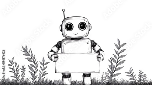 Playful Robot Character Holding a Blank Sign Amongst Organic Plants, Ideal for Marketing, Educational and Ecological Themes in Organic Farming photo