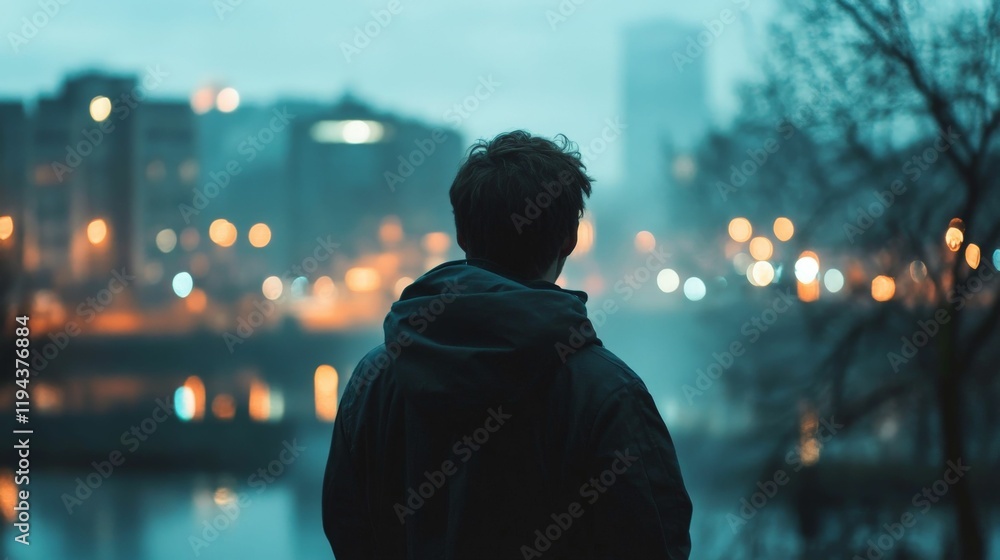 Fototapeta premium Silhouette of a man standing on a bridge looking at city lights