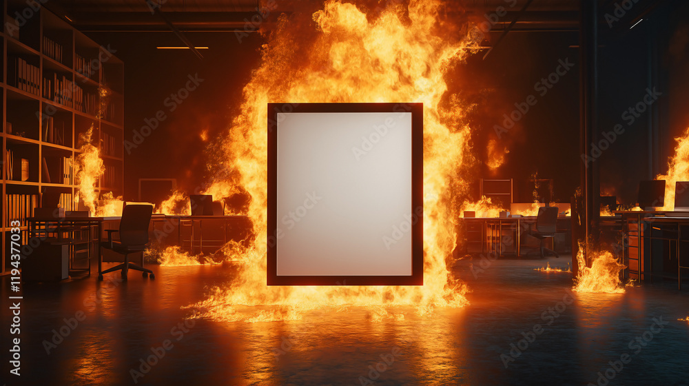 Fototapeta premium A surreal office scene where a blank white poster displayed at the center. Flickering flames rise from the floor around the poster. The edges of the office furniture are beginning to catch fire