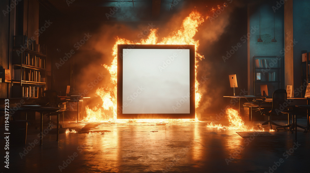 A surreal office scene where a blank white poster displayed at the center. Flickering flames rise from the floor around the poster. The edges of the office furniture are beginning to catch fire