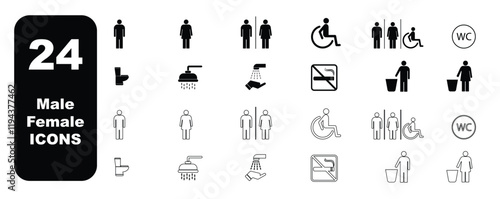 “24 Set of restroom, toilet icon collection. Male and female restroom. Vector Illustration EPS format.”