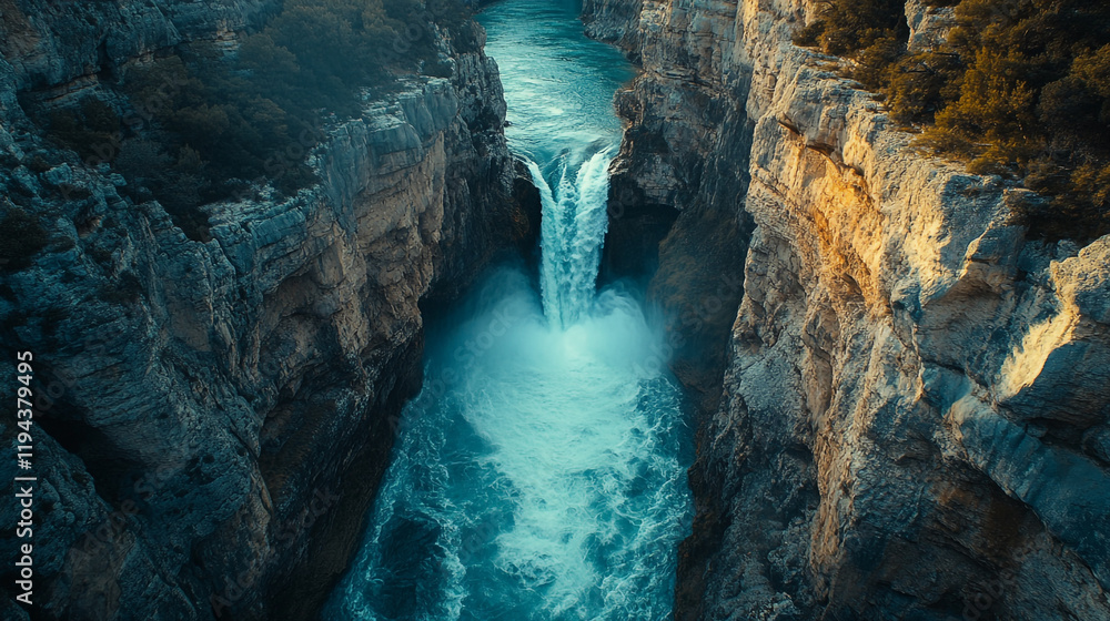 Majestic waterfall cascading into a deep canyon surrounded by steep cliffs and lush vegetation Majestic waterfall cascading into a deep canyon surrounded by steep cliffs and lush vegetation