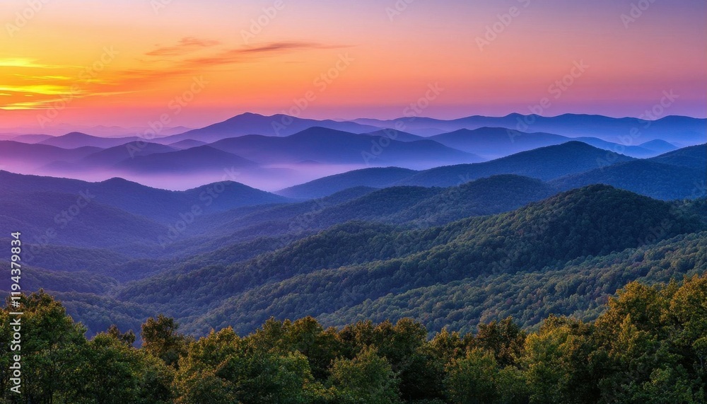 Serene mountain landscape at sunset with layered hills and vibrant colors. Serene mountain landscape at sunset with layered hills and vibrant colors.