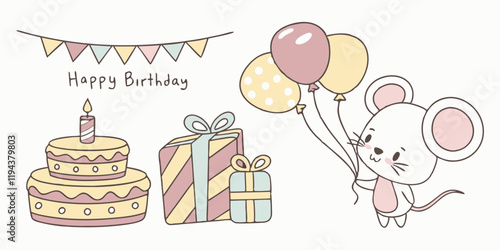 Ai generates happy birthday collection with cute little mouse celebrating in a colorful party environment
